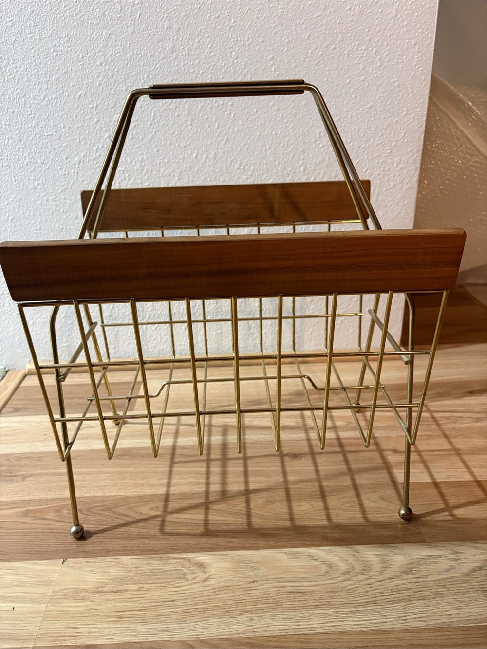 Mid-Century Style Brass Wire and Wood Magazine Rack - Brown